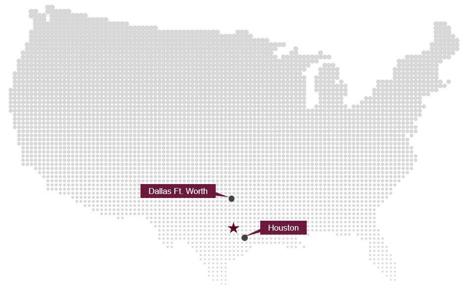 Route map showing Dallas Ft. Worth airport, Houston airport and Easterwood Airport